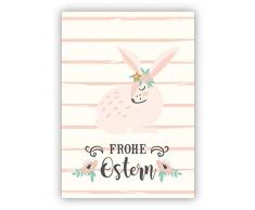 Im 5er Set: Süße rosa Vintage Osterkarte mit Blumen Osterhase auf Streifen: Frohe Ostern - Grußkarte zum Osterfest für Familie, Freunde & Kunden
