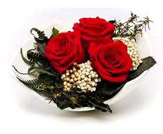 Rosen-Te-Amo Premium Blumenstrauß aus 3 konservierte Rosen in Porzellan Vase; Infinity Blumen in der Keramik: mit Liebe handgefertigt – 3 Jahre haltbar ohne Wasser