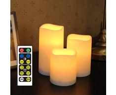 WRalwaysLX Flammenlose Kunststoff-Stumpenkerzen für Außen- und Innenbereich, farbwechselnde LED-Kerzen mit Fernbedienung und Timer, 3 Kerzen, verwendet durch 3 AAA-Batterien