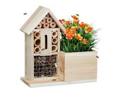 Relaxdays Blumentopf Bienenhotel, 2 in 1 Nisthilfe mit Übertopf, Pflanztopf Kräuter Blumen, Holz, HBT 26x24x12 cm, Natur
