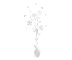 VOSAREA 3D Acryl Wandaufkleber Blume und Vase Spiegel Aufkleber Wandtattoos (Silber)
