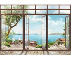 wandmotiv24 Fototapete Große Fenster Ausblick auf Wasser XL 350 x 245 cm - 7 Teile Fototapeten, Wandbild, Motivtapeten, Vlies-Tapeten Landschaft Natur M6133