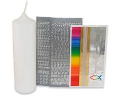 WikaKerzen Taufkerze selber Machen Set mit Kerzen-Rohling Buchstaben und Wachsplatten mit Wachsmotiven | Jetzt Größe und Farben Wählen (Kerze 25x7 cm | Weiß, Regenbogen Gold | Silber mit Fisch)
