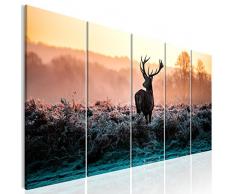 decomonkey Bilder Hirsch Winter 200x80 cm 5 Teilig Leinwandbilder XXL Bild auf Leinwand Vlies Wandbild Kunstdruck Wanddeko Wand Wohnzimmer Wanddekoration Deko Sonne Tiere Natur Landschaft