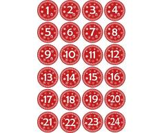INDIGOS UG - Aufkleber für Adventskalender 1 to 24 / rot Vintage Style / Labels / Stickers / Weihnachtskalender / Weihnachten / Advent / rund / DIY cut / JDM / zum Aufkleben