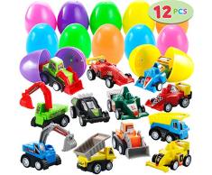 JOYIN 12 Stück Gefüllte Ostereier mit Spielzeugautos, Plastik Ostern Eier mit vorgefüllten Pull Back Konstruktionsfahrzeuge und Rennwagen für Ostern Partyzubehör, Osterkorb Füllstoffe, Osternest