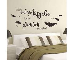 decalmile Wandtattoo Sprüche und Zitate Unsere wahre Aufgabe ist es glücklich zu Sein Wandaufkleber Federn Schwarz Wandsticker Schlafzimmer Büro Wohnzimmer Wanddeko