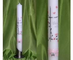 Taufkerze/Kommunionkerze mit Schmetterlingen ! in 40 x 4 cm, inklusive Beschriftung und Aufbewahrungskarton ! P 76