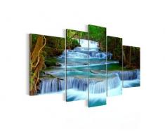 Bilder Wasserfall Landschaft Wandbild 200 x 100 cm Vlies - Leinwand Bild XXL Format Wandbilder Wohnzimmer Wohnung Deko Kunstdrucke Blau 5 Teilig - MADE IN GERMANY - Fertig zum Aufhängen 603551b