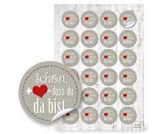 48 runde Aufkleber SCHÖN DASS DU DA BIST 4 cm grau weiß rot Herz shabby selbstklebende Sticker Etiketten Hochzeit Taufe Kommunion Geburtstag Gastgeschenk Verpackung give-away Deko Feste Geschenke Präsente