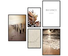 decomonkey | Poster 5er – Set mit schwarzem Rahmen schwarz-weiß Abstrakt Kunstdruck Wandbild Print Bilder Bilderrahmen Kunstposter Wandposter Posterset Meer Spruch Balance Strand Blumen Blatt