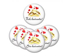 6er SET Ansteck Button - Junggesellenabschied - 1x Ich heirate! und 5x Sie heiratet! - Ø 5,6 cm - weiß - Anstecker - Ansteckbutton
