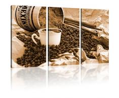 Bilder Kaffee Wandbild Deko für Cafeteria, Restaurant, Küche Kaffeebohnen Leinwandbild - 135x80 cm 3-Teilig: Sepia