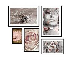 decomonkey | Poster 5er – Set mit schwarzem Rahmen schwarz-weiß Abstrakt Kunstdruck Wandbild Print Bilder Bilderrahmen Kunstposter Wandposter Posterset Porträt Blumen Retro Gesicht Strauß