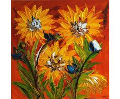 FineDecoArt Kollektion Sonnenblumen Gemälde Leinwandbild Acrylbild gemalt 85x85cm Stilleben Blumen Strukturgemälde gelb rot grün modern Unikat Keilrahmen Kunst Amazon Wohnzimmer