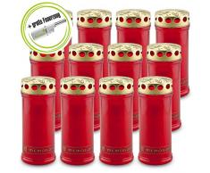 DecoLite: 12 Grabkerzen Memoriam Nr. 6 mit Deckel von Aeterna mit ca. 7 Tagen Brenndauer & Kerzenprofi Stabfeuerzeug - Rot