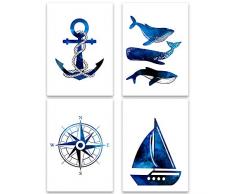 Lilcastle® Kinder Poster | 4er Set Bilder Kinderzimmer Deko für Junge DIN A4 | Maritim Segeln - Wal Anker Schiff Kompass | Meer Seemann Wandbild Babyzimmer Spielzimmer Deko Plakate