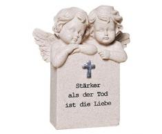 Figuren Engelpaar mit Trauerstein, Stärker als der Tod ist die Liebe. 14 cm x 16 cm.