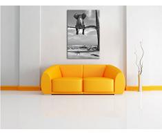 sitzender Elefant auf einem Ast in der Wüste Kunst B&W, Format: 120x80 auf Leinwand, XXL riesige Bilder fertig gerahmt mit Keilrahmen, Kunstdruck auf Wandbild mit Rahmen, günstiger als Gemälde oder Ölbild, kein Poster oder Plakat
