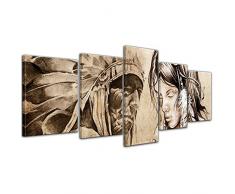 Kunstdruck Indianer VIII, Tattoo Art - 200x80 cm 5 teilig - Leinwandbilder - Bilder als Leinwanddruck - Wandbild von Bilderdepot24