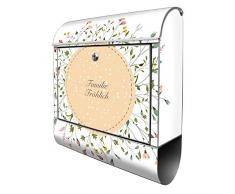 Banjado Design Briefkasten personalisiert mit Motiv WT Blumenkranz | Stahl pulverbeschichtet mit Zeitungsrolle | Größe 39x47x14cm, 2 Schlüssel, A4 Einwurf, inkl. Montagematerial