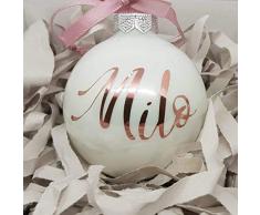 Weiße Weihnachtskugel mit personalisiertem Namen und Datum in Rose Gold Text