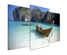Kunstdruck - Maya Bay, Koh Phi Phi Ley - Thailand - Bild auf Leinwand - 100x60 cm 3 teilig - Leinwandbilder - Bilder als Leinwanddruck - Urlaub, Sonne & Meer - Asien - Boot am Strand