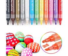 Acrylfarben Stifte Marker, 12 Farben Acrylstifte Wasserfeste Permanent Steine Bemalen Stifte, Ideal für Kinder DIY Stift Glas Leinwand Ostereiern Holz Weihnachtskugeln Fotoalbum