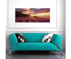 Wallario XXL Leinwandbild Lavendelfeld bei Sonnenuntergang - Sonnenstrahlen - 60 x 150 cm Brillante lichtechte Farben, hochauflösend, verzugsfrei
