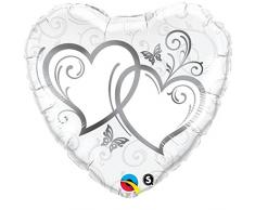 Folienballon Helium Hochzeit Silberhochzeit nicht mit Ballongas gefüllt, leer, Zwei Herzen Silber Herzform 45cm