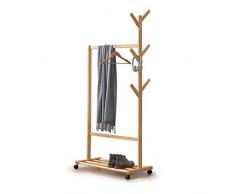 ZMXZMQ Hochleistungs-Einzelschienen-Kleiderständer, Mit 6 Seitenhaken, Baumständer, Kleiderbügel Und Rädern, Für Jacke, Regenschirm, Kleidung Usw,Woodcolor,M