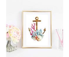 Din A4 Kunstdruck ungerahmt Korallen Seestern Muscheln Anker Maritim Meer Ozean Badezimmer Druck Poster Bild