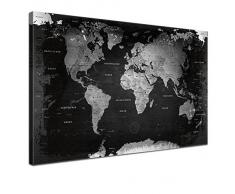 LANA KK - Weltkarte Leinwandbild mit Korkrückwand zum pinnen der Reiseziele – „Weltkarte Retro SW” - deutsch - Kunstdruck-Pinnwand Globus in schwarz, einteilig & fertig gerahmt in 120x80cm