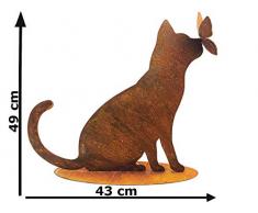 itsisa ® Dekofigur Katze mit Schmetterling auf Standplatte im Rost Design, Rostfigur für den Garten