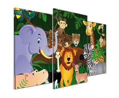 Wandbild - Kinderbild Wilde Tiere im Dschungel Cartoon - Bild auf Leinwand - 100x60 cm 3 teilig - Leinwandbilder - Kinder - Regenwald - Urwald - abenteuerlich