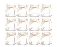 Annastore 12 x Teelichtgläser mit cremefarbenem Band H 7 cm - für kleine Teelichter - kleine Windlichter aus Glas für die Tischdeko