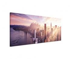 Paul Sinus Art 150x50cm Leinwandbild auf Keilrahmen New York Manhattan Wolkenkratzer Wasser Abendlicht Wandbild auf Leinwand als Panorama