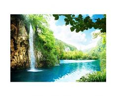 Fototapete Wald - ALLE WALDMOTIVE auf einen Blick ! Vlies PREMIUM PLUS - 350x245 cm - WATERFALL IN PARADISE - Wasserfall Lagune, Paradies Berge See Wald Bäume Landschaft - no. 035