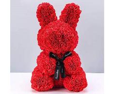 Romeo&Love Rosen Bunny 45cm ROT Rosen Kaninchen Ostern Oster Hase Deko künstliche Rosenbären mit Rote Rosen Blumen Rosen Bear MIT Gravur aus Rosen Valentinstag Geburtstag Liebes Geschenk