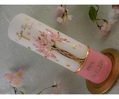 Taufkerze Lebensbaum Kreuz Sterne gold rosa pink Taufkerzen Mädchen 250/70 mm inkl. Beschriftung