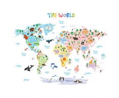 DECOWALL DAT-1615S Weltkarte Tierweltkarte Tiere Wandtattoo Wandsticker Wandaufkleber Wanddeko für Wohnzimmer Schlafzimmer Kinderzimmer (Groß) (Englisch Ver.)