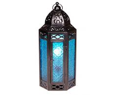 Orientalische Laterne aus Metall & Glas Liyana 30cm | orientalisches Windlicht | Marokkanische Glaslaterne für innen | Marokkanisches Gartenwindlicht für draußen als Gartenlaterne (Blau)