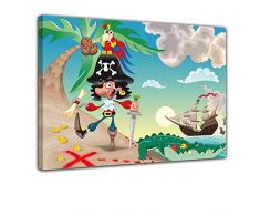 Bilderdepot24 Kunstdruck - Kinderbild Pirat auf Insel Cartoon - Bild auf Leinwand - 60x50 cm - Leinwandbilder - Bilder ALS Leinwanddruck - Wandbild Kinder - Abenteuer - Schatzinsel - Schatzsuche