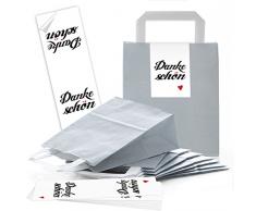 25 hell-graue Papiertüten Geschenktasche Henkel-Tüten Boden 18 x 8 x 22 cm kleine Papiertaschen + Aufkleber + DANKE-SCHÖN rot Verpackung give-away Kunden-tüte Geschenktüte