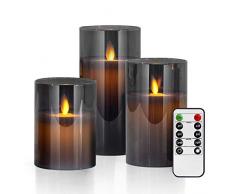 LED Kerzen im Grau Glas, Flackernde Flammenlose Kerzen, Batteriebetriebene Kerze mit Fernbedienung, Realistisch Echtwachskerze, 10 cm, 12,5 cm, 15 cm Stumpenkerze für Weihnachten, Party, Hochzeit