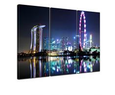 Kunstdruck - Singapur bei Nacht - Bild auf Leinwand - 120x80 cm 3tlg - Leinwandbilder - Städte & Kulturen - Asien - Skyline - Hotel Marina Bay Sands - Singapore Flyer - Riesenrad
