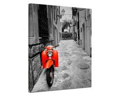 Wandbild - Retro Roller - Bild auf Leinwand 60 x 80 cm - Leinwandbilder - Bilder als Leinwanddruck - Motorisiert - schwarz weiß - roter Motorroller