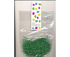 Ostertüten Zellglasbeutel Cellophan transparent 145 x 220 mm (10 Stück) (Motiv bunte Ostereier) mit Ostergras