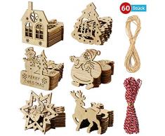 Datyeco 60 Stück Weihnachtsbaumschmuck Holz, Holz zum Bemalen Weihnachten, Holz Weihnachtsbaum, Weihnachtsanhänger Holz, Holz für Weihnachtsmann Schneeflocke Schneemann Elk zum selbst bemalen