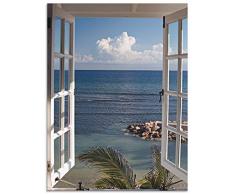 Artland Wandbild Alu für Innen & Outdoor Metall Bild 60x80 cm Fensterblick Fenster zum Paradies Strand Meer Maritim Palmen Landschaft T9II